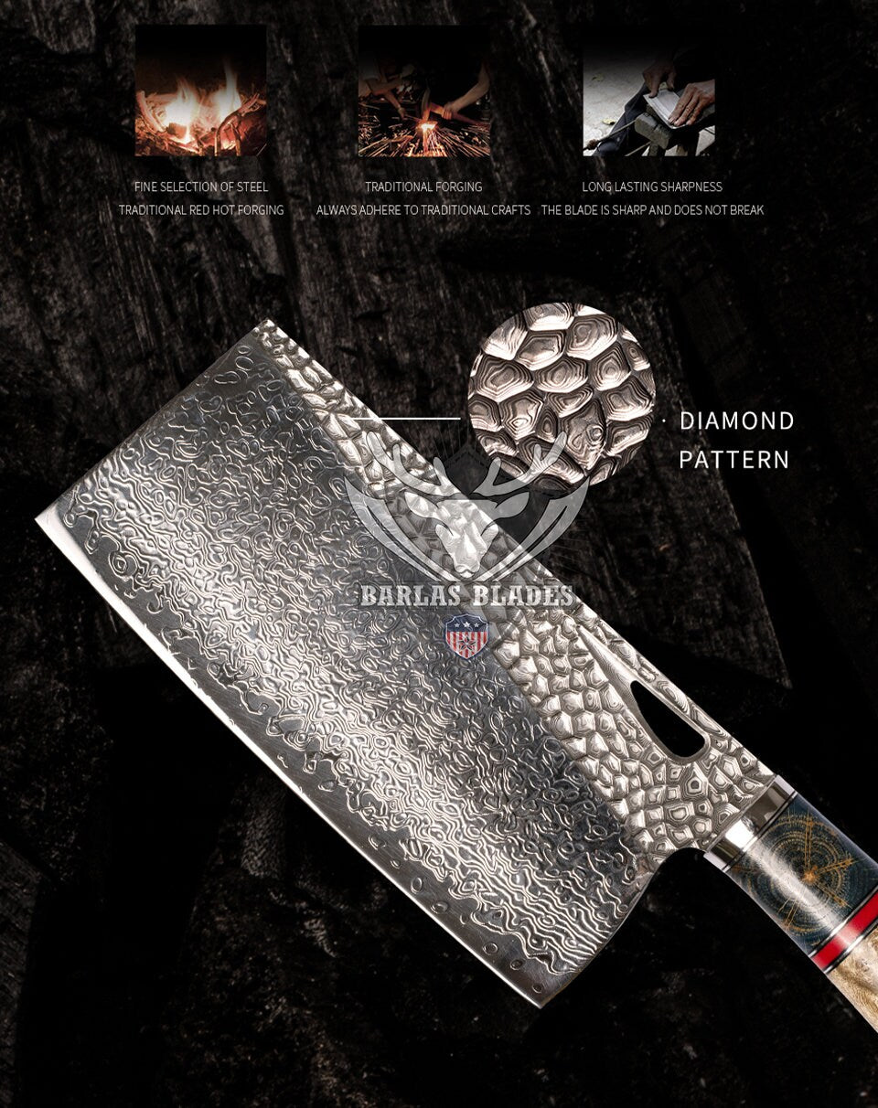 BARLAS BLADES Diamond Pattern 103 Layers Damascus Steel Chef Cleaver knife 60 HRC Sharp Edge-Chef Cleaver Knife-BARLAS BLADES