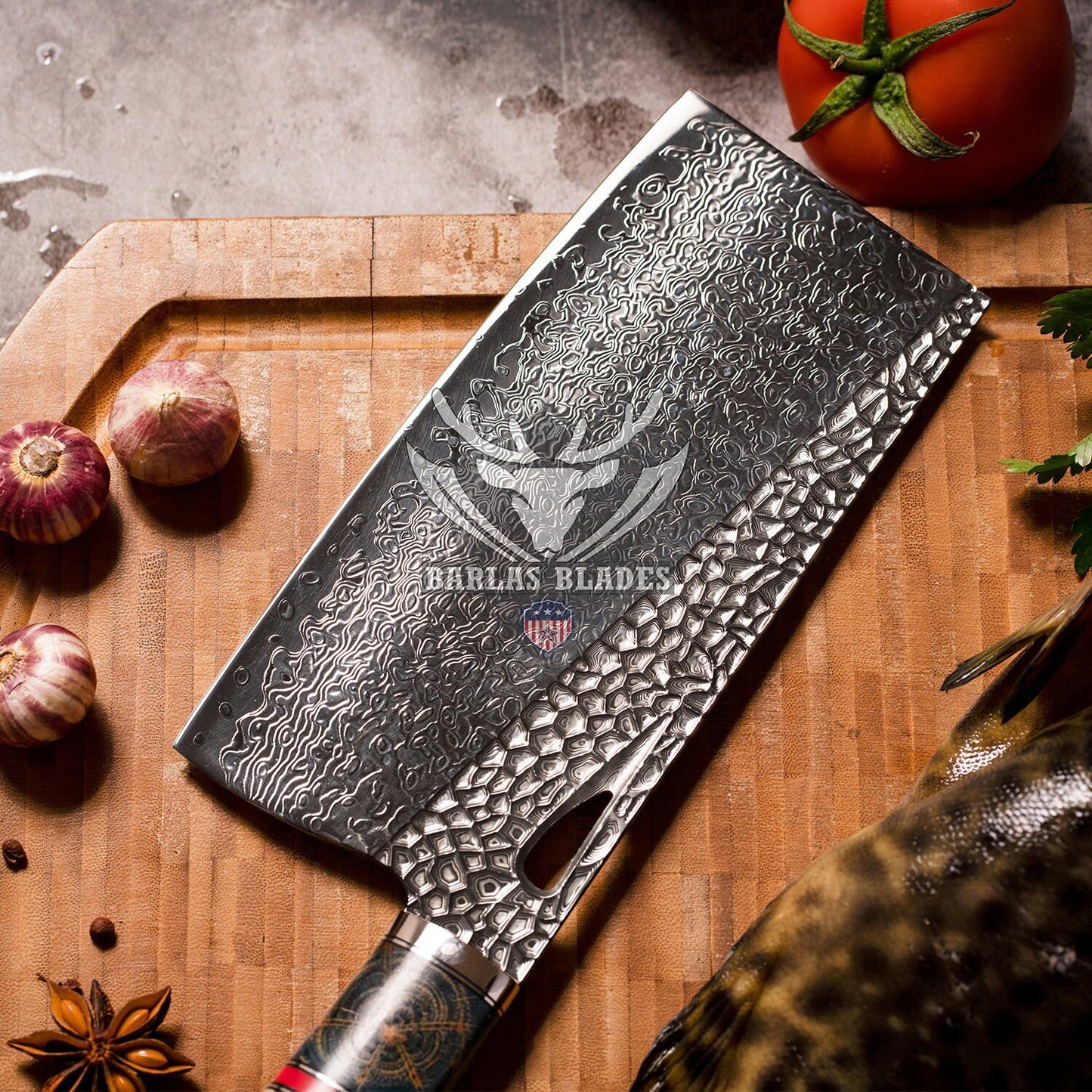 BARLAS BLADES Diamond Pattern 103 Layers Damascus Steel Chef Cleaver knife 60 HRC Sharp Edge-Chef Cleaver Knife-BARLAS BLADES